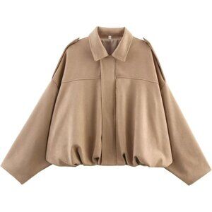 Women's Khaki Bomber Jacket Coat Streetwear Faux Fur Winter Warm Long Sleeves